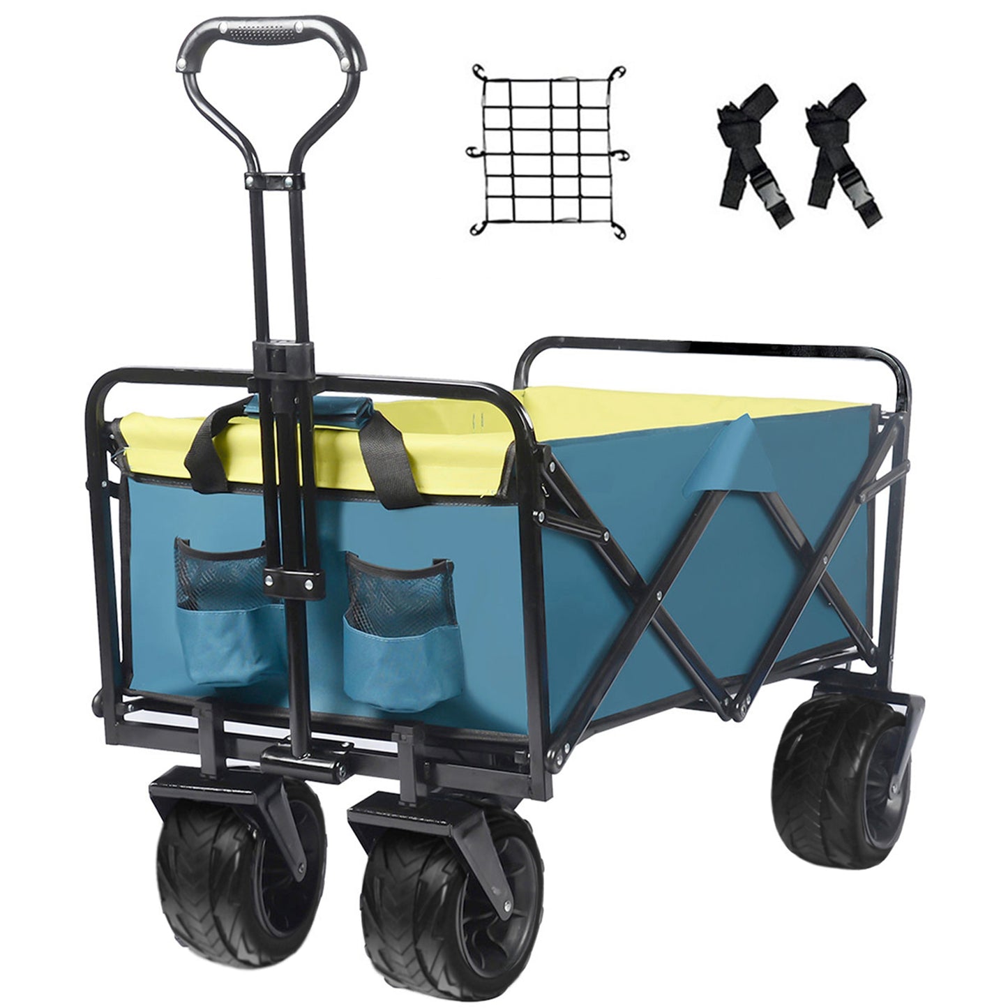 Collapsible Wagon Cart Heavy Duty Foldable Beach Wagon with Big Wheels for Sand All-Terrain Utility Beach Cart for Sand, Outdoor Sports, Garden Camping