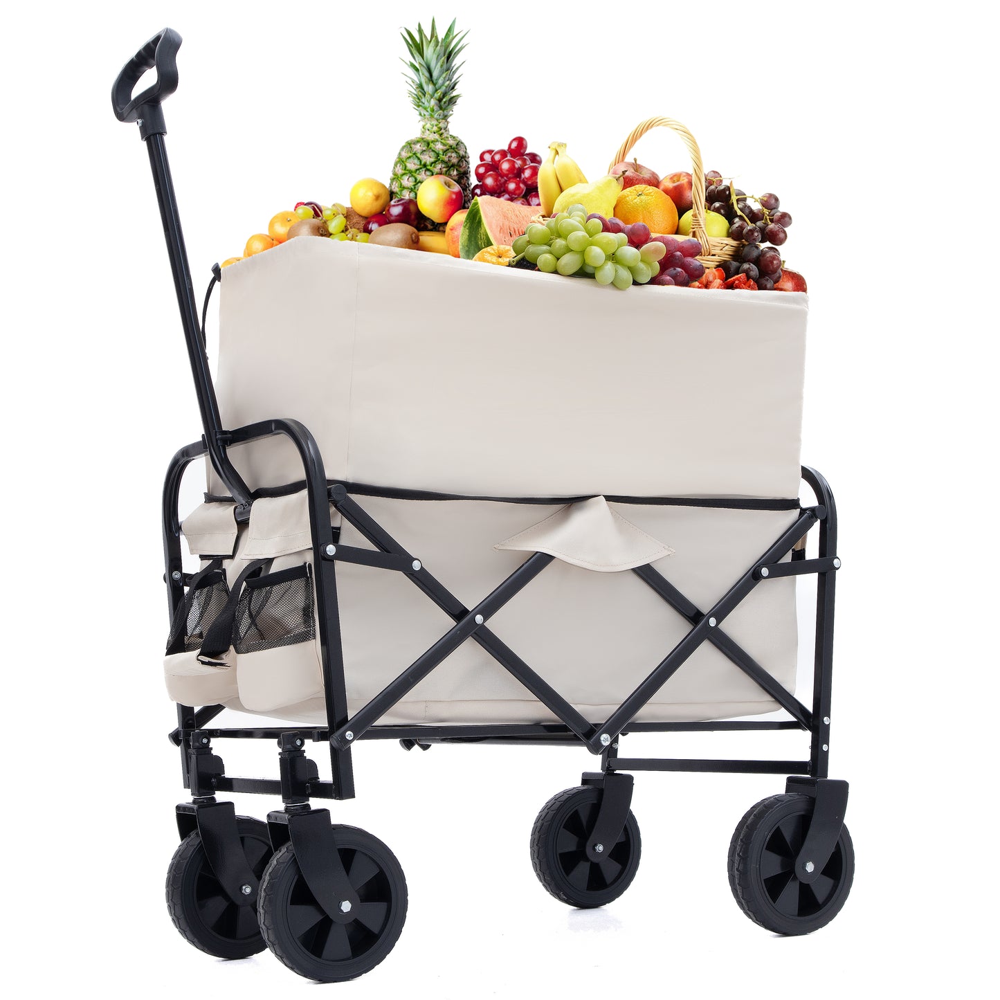 Extention Collapsible Foldable Wagon Cart Beach Wagon Heavy Duty Utility Cart Utility Wagon Grocery Cart for for Camping Shopping Sports Gardeing Fishing Supports 225lbs  cream