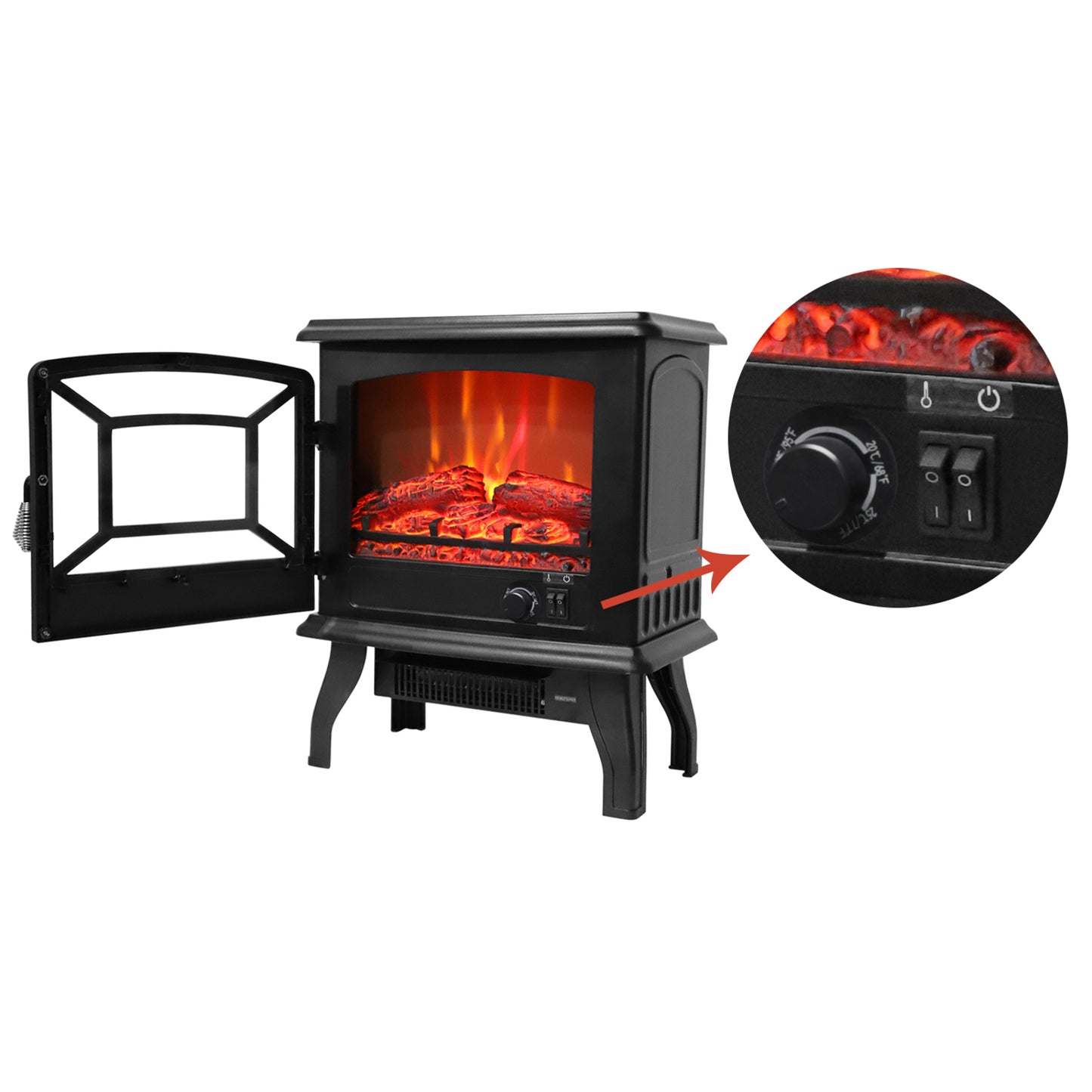 SF507-17 17 inch 1400w Freestanding Fireplace Fake Wood/Single Color/Heating Wire/A Rocker Flame Switch Button/a Rocker Heating Switch Button/a Temperature Control Knob with NTC/Black