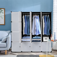 16 Cube Organizer Stackable Plastic Cube Storage Shelves Design Multifunctional Modular Closet Cabinet with Hanging Rod White Doors and Black Panels