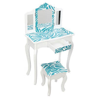 Three-Fold Mirror Single-Drawing Curved Foot Children Dressing Table Blue Zebra