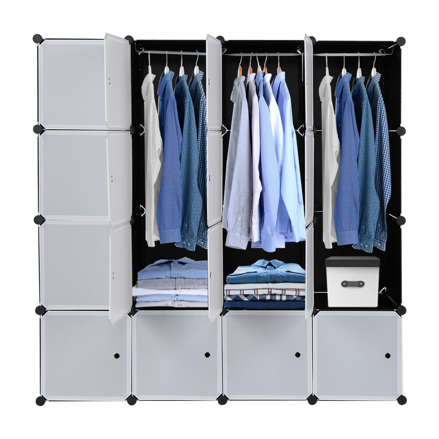 16 Cube Organizer Stackable Plastic Cube Storage Shelves Design Multifunctional Modular Closet Cabinet with Hanging Rod White Doors and Black Panels