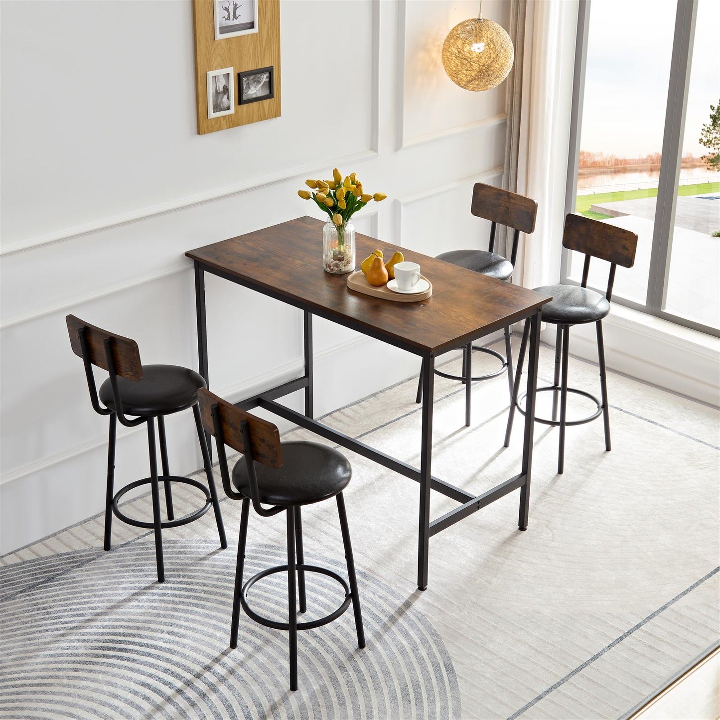 Bar industrial style five-piece set, four soft bags with backrest bar chairs, industrial style iron wood table set, suitable for kitchen, restaurant, bar.