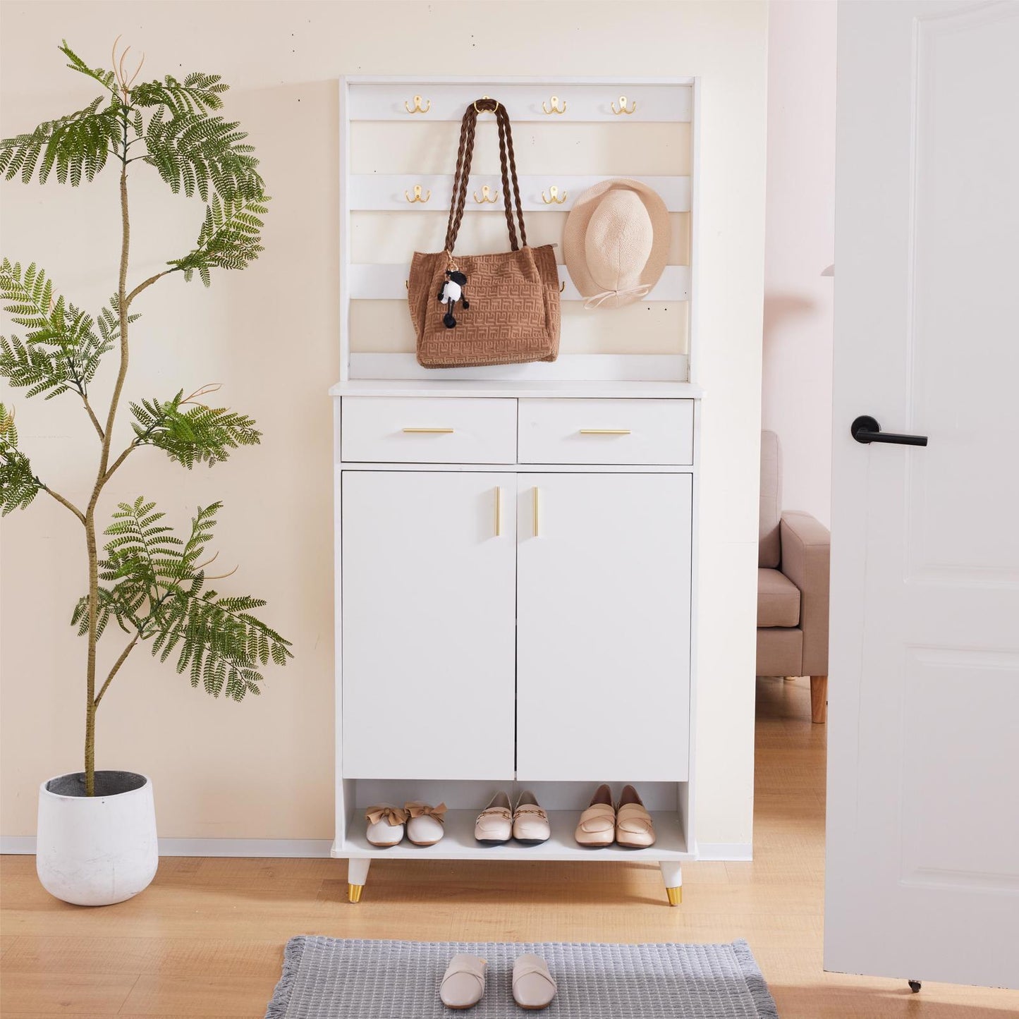 Entryway Bedroom Armoire,Shoe Cabinet,Wardrobe Armoire Closet, Drawers and Shelves,  Handles,  Hanging Rod, white