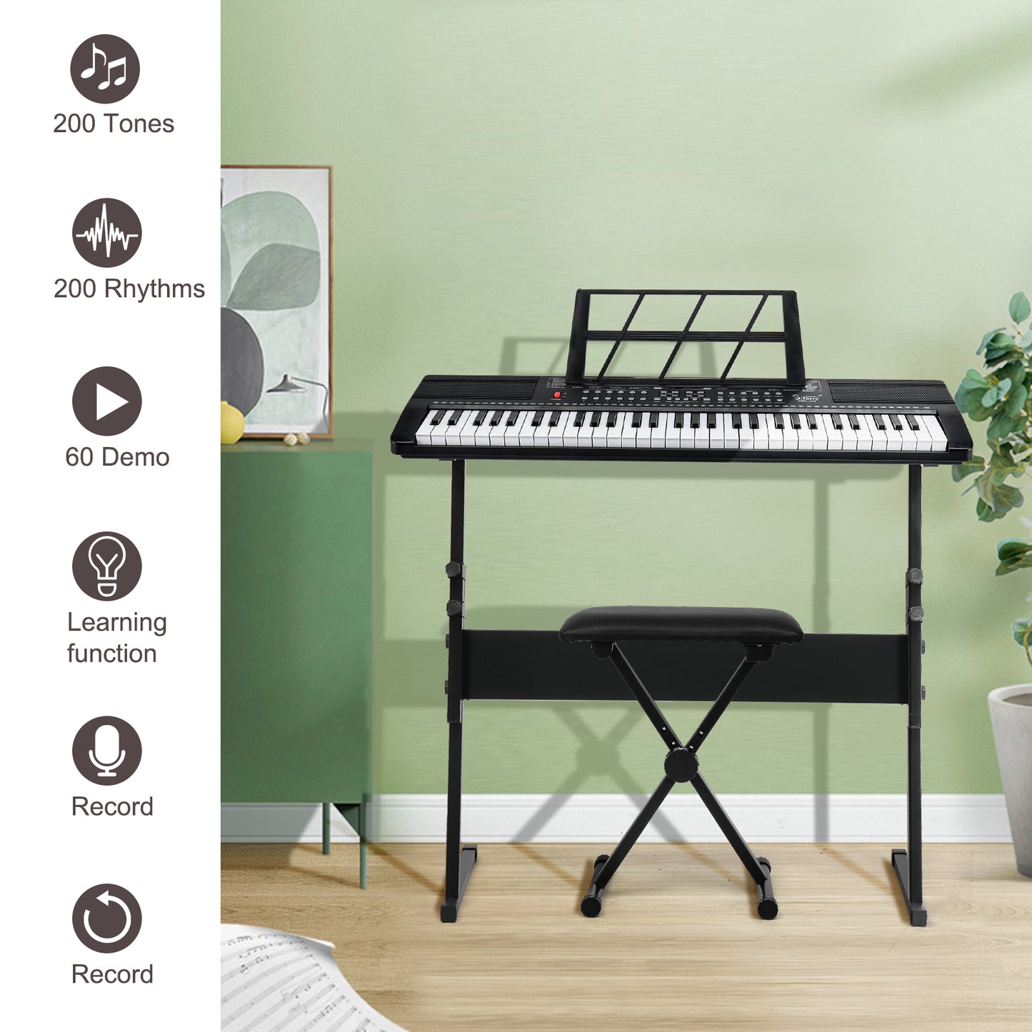 [Do Not Sell on Amazon]  Glarry GEP-110 61 Key Keyboard with Piano Stand, Piano Bench, Built In Speakers, Headphone, Microphone, Music Rest, LED Screen, 3 Teaching Modes for Beginners