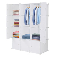 12 Cube Organizer Stackable Plastic Cube Storage Shelves Design Multifunctional Modular Closet Cabinet with Hanging Rod White