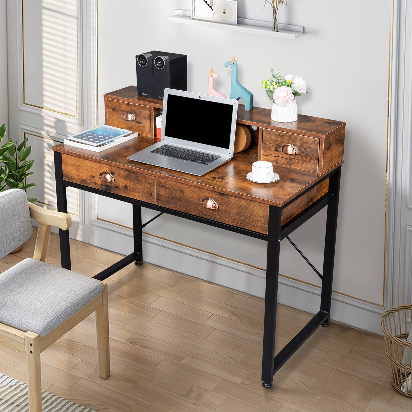 106*54*90cm Old Wood Table Top Black Steel Frame Particle Board Two Small Drawers Two Large Drawers Computer Desk Can Be Used For Study Desk