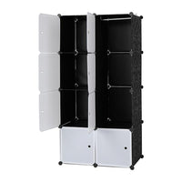 8 Cube Organizer Stackable Plastic Cube Storage Shelves Design Multifunctional Modular Closet Cabinet with Hanging Rod White Doors and Black Panels