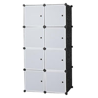 8 Cube Organizer Stackable Plastic Cube Storage Shelves Design Multifunctional Modular Closet Cabinet with Hanging Rod White Doors and Black Panels