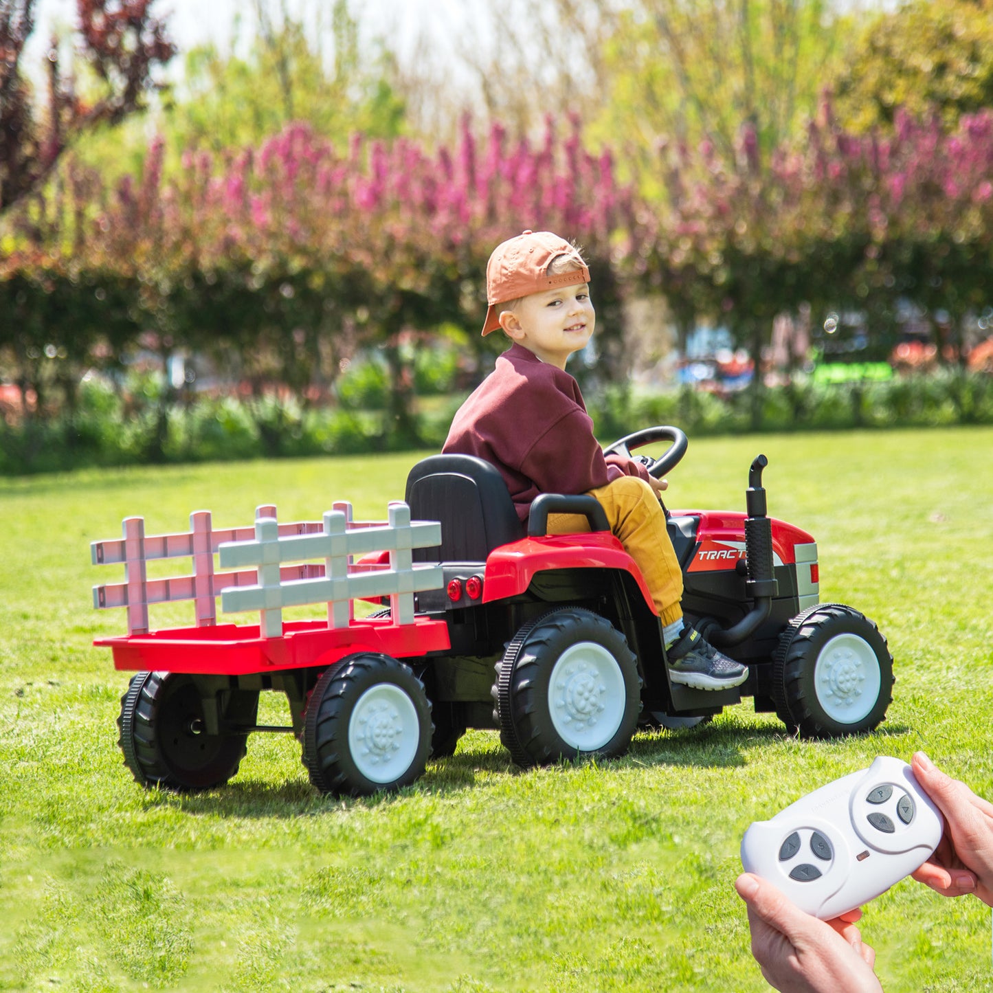 Red, 12V7AH Battery-Powered Toy Tractor with Trailer, Remote Control, Kids' Electric Excavator Vehicles with 2x35W Dual Motor, Treaded Tires, LED Lights, USB, Music, - Gifts for Boy, Girl