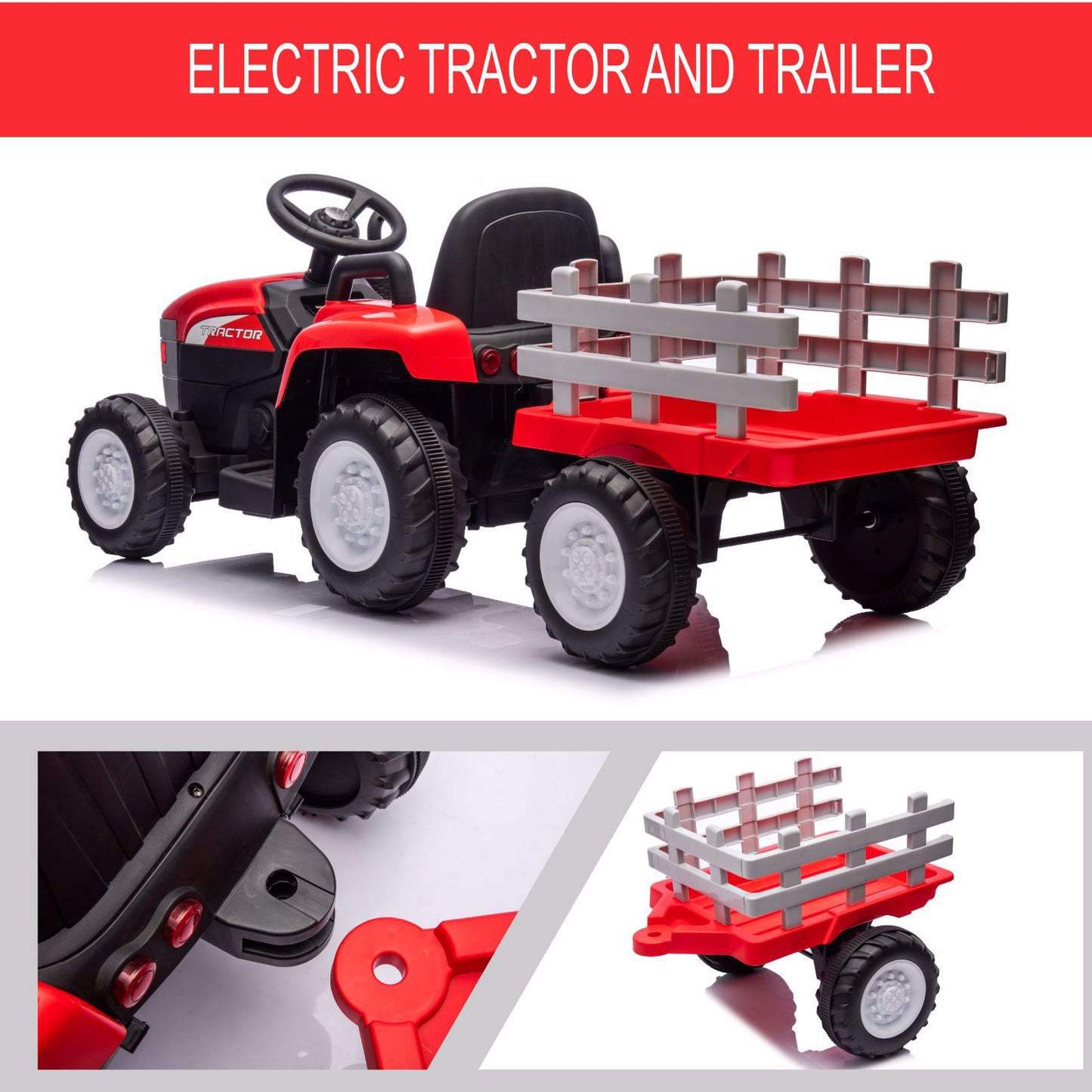 Red, 12V7AH Battery-Powered Toy Tractor with Trailer, Remote Control, Kids' Electric Excavator Vehicles with 2x35W Dual Motor, Treaded Tires, LED Lights, USB, Music, - Gifts for Boy, Girl