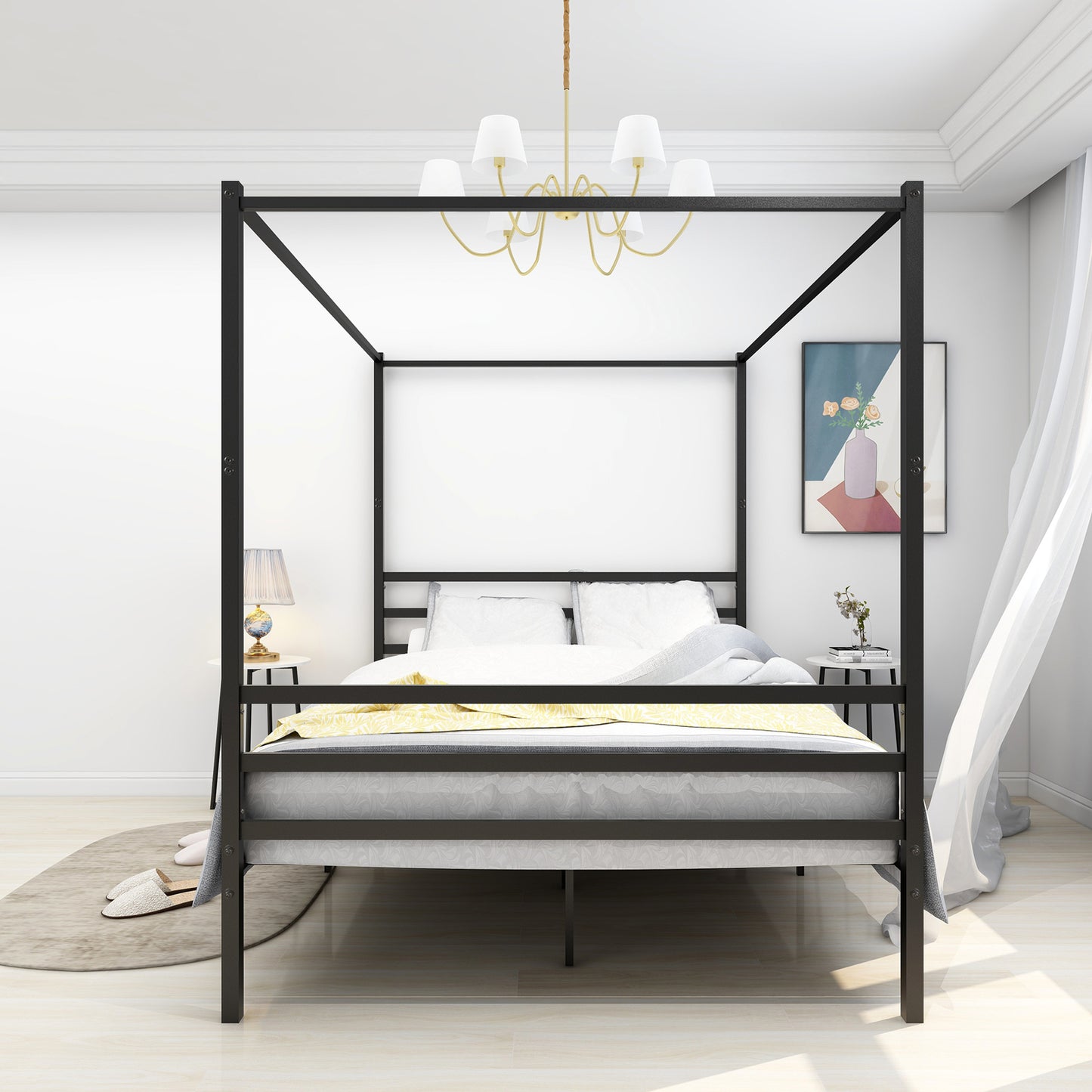 Canopy Metal Bed with Headboard Mattress Foundationt Platform  Bed Frame Metal Slat, Black Queen Size