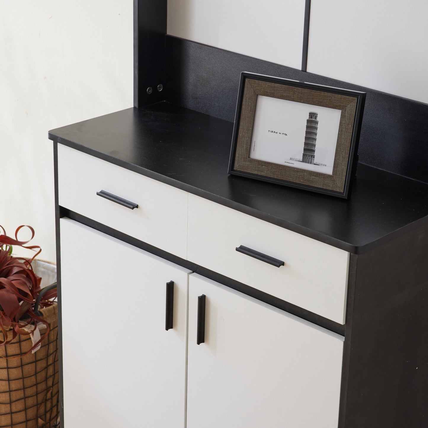 Entryway Bedroom Armoire,Shoe Cabinet,Wardrobe Armoire Closet, Drawers and Shelves,  Handles,  Hanging Rod, white and black