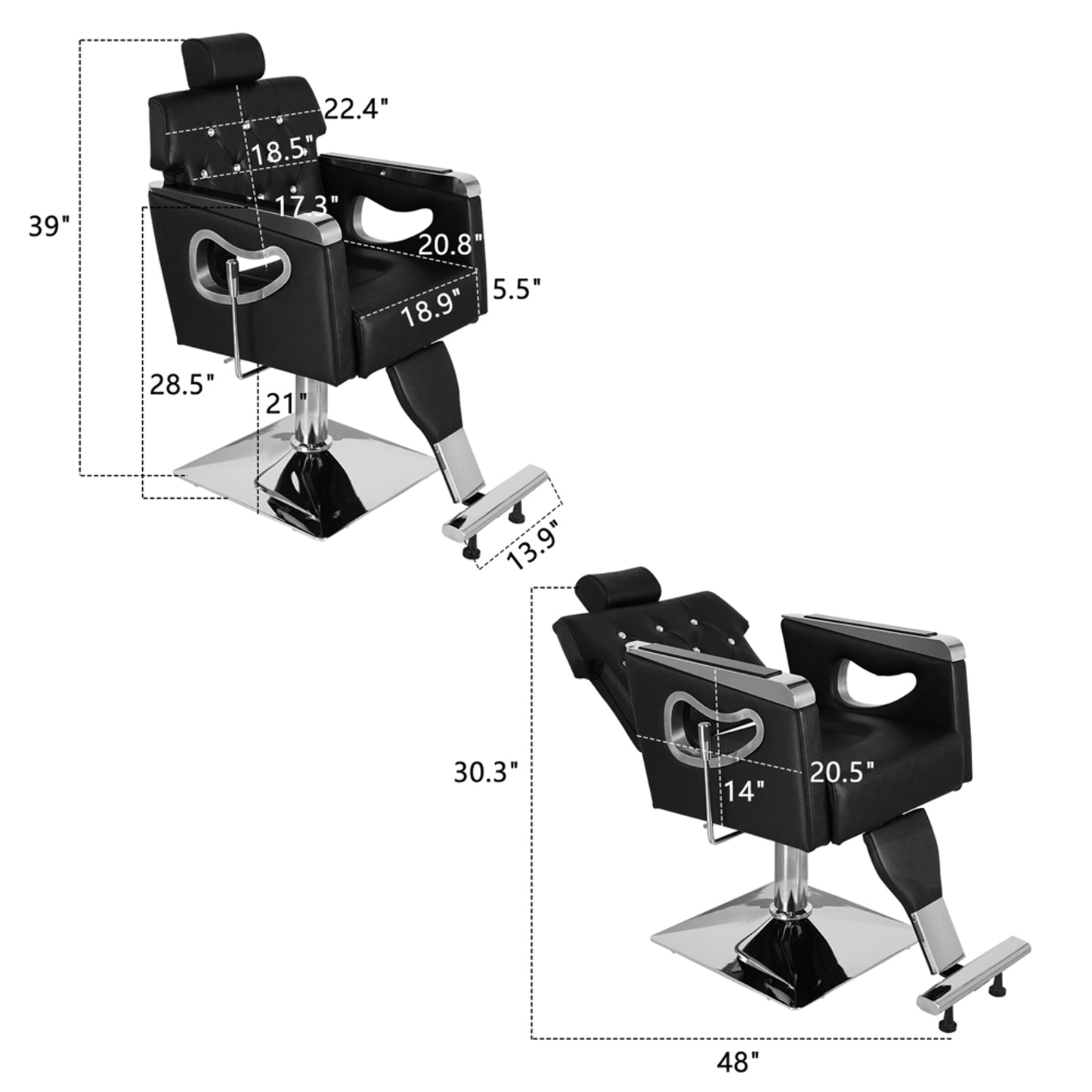 PVC Leather Cover Galvanized Square Tray with Footrest Retractable Barber Chair 300.00lbs Black HZ88111 N001