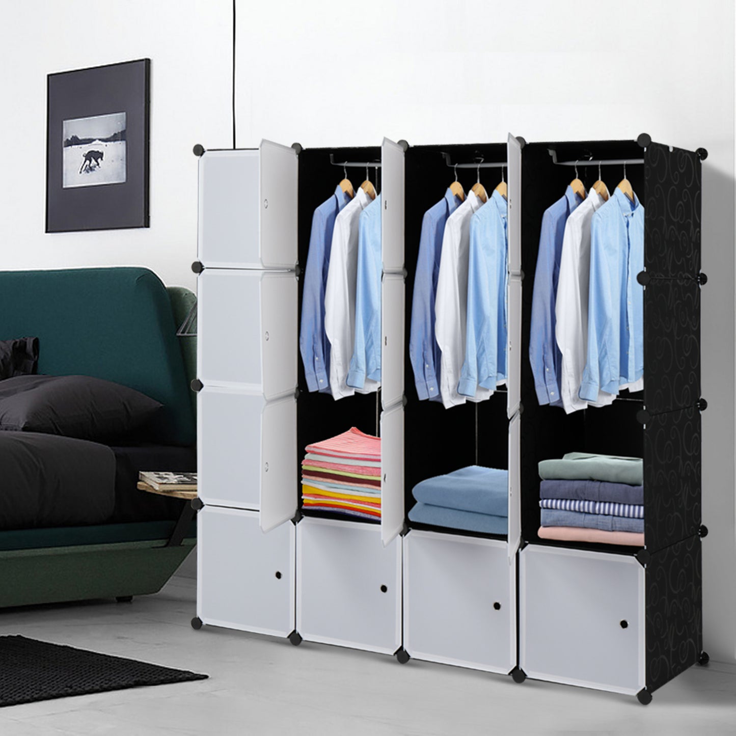 16 Cube Organizer Stackable Plastic Cube Storage Shelves Design Multifunctional Modular Closet Cabinet with Hanging Rod White Doors and Black Panels