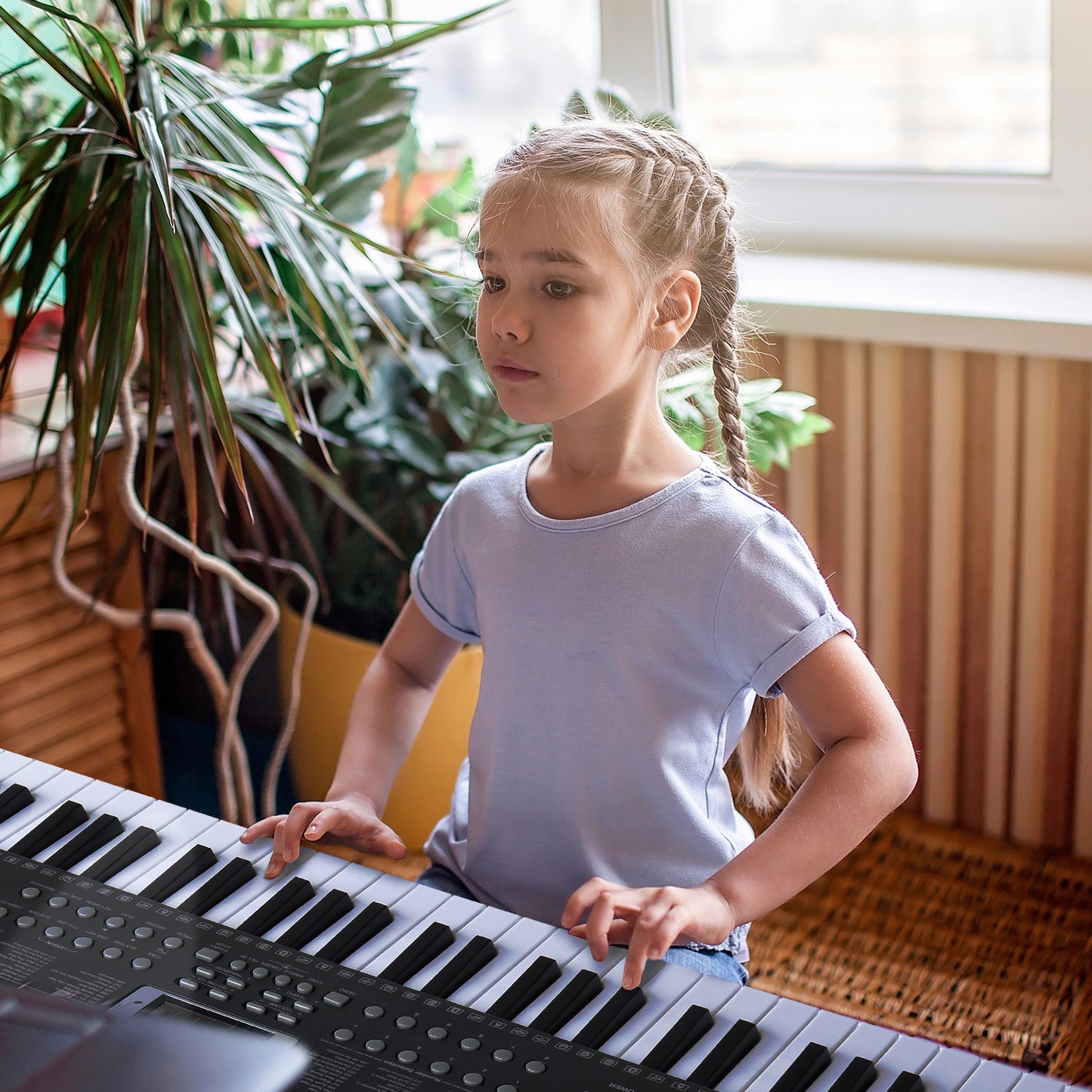 [Do Not Sell on Amazon]  Glarry GEP-110 61 Key Keyboard with Piano Stand, Piano Bench, Built In Speakers, Headphone, Microphone, Music Rest, LED Screen, 3 Teaching Modes for Beginners