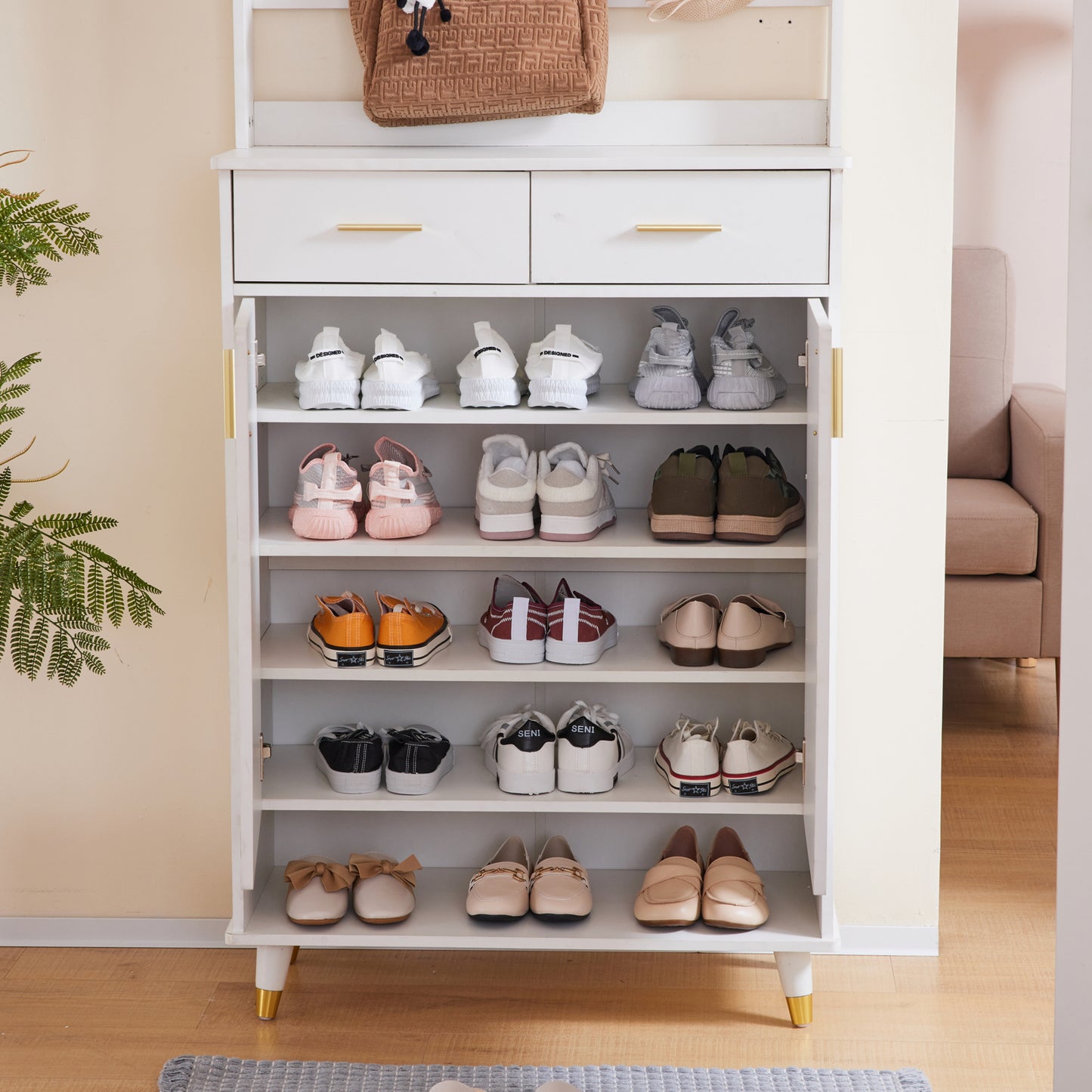 Entryway Bedroom Armoire,Shoe Cabinet,Wardrobe Armoire Closet, Drawers and Shelves,  Handles,  Hanging Rod, white