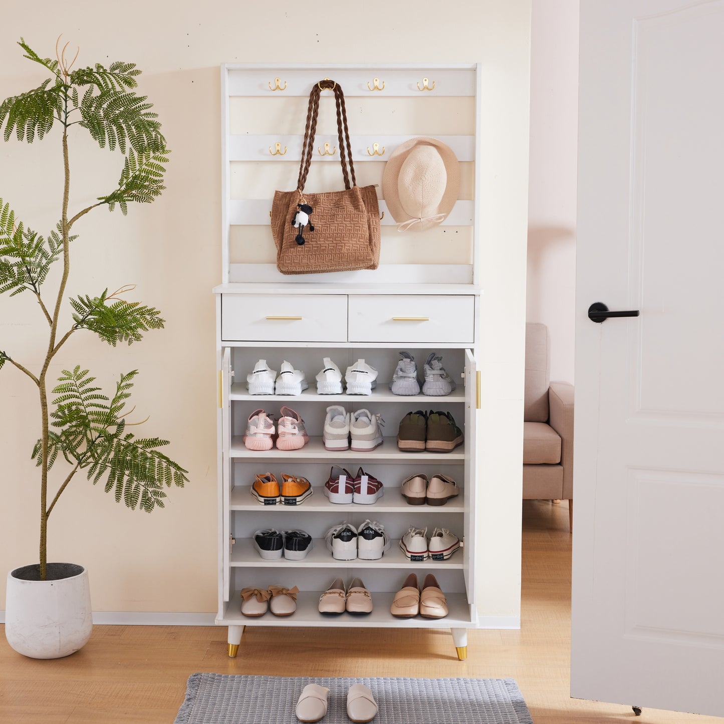 Entryway Bedroom Armoire,Shoe Cabinet,Wardrobe Armoire Closet, Drawers and Shelves,  Handles,  Hanging Rod, white