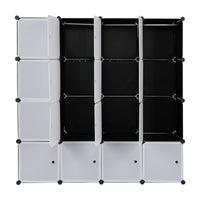 16 Cube Organizer Stackable Plastic Cube Storage Shelves Design Multifunctional Modular Closet Cabinet with Hanging Rod White Doors and Black Panels