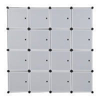 16 Cube Organizer Stackable Plastic Cube Storage Shelves Design Multifunctional Modular Closet Cabinet with Hanging Rod White Doors and Black Panels