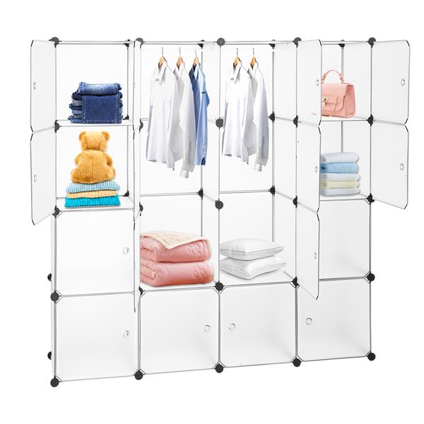 Modular Closet Organizer Plastic Cabinet, 16 Cube Wardrobe Cubby Shelving Storage Cubes Drawer Unit, DIY Modular Bookcase Closet System Cabinet with Doors for Clothes, Shoes, Toys, White