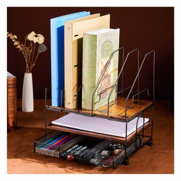 Desk Organizers, File Organizer For Desk, Wood Desk Organizer, Desktop File Organizer With Drawer, With 5 Upright File Holder Sorters, For Office Supplies Folder Organizer