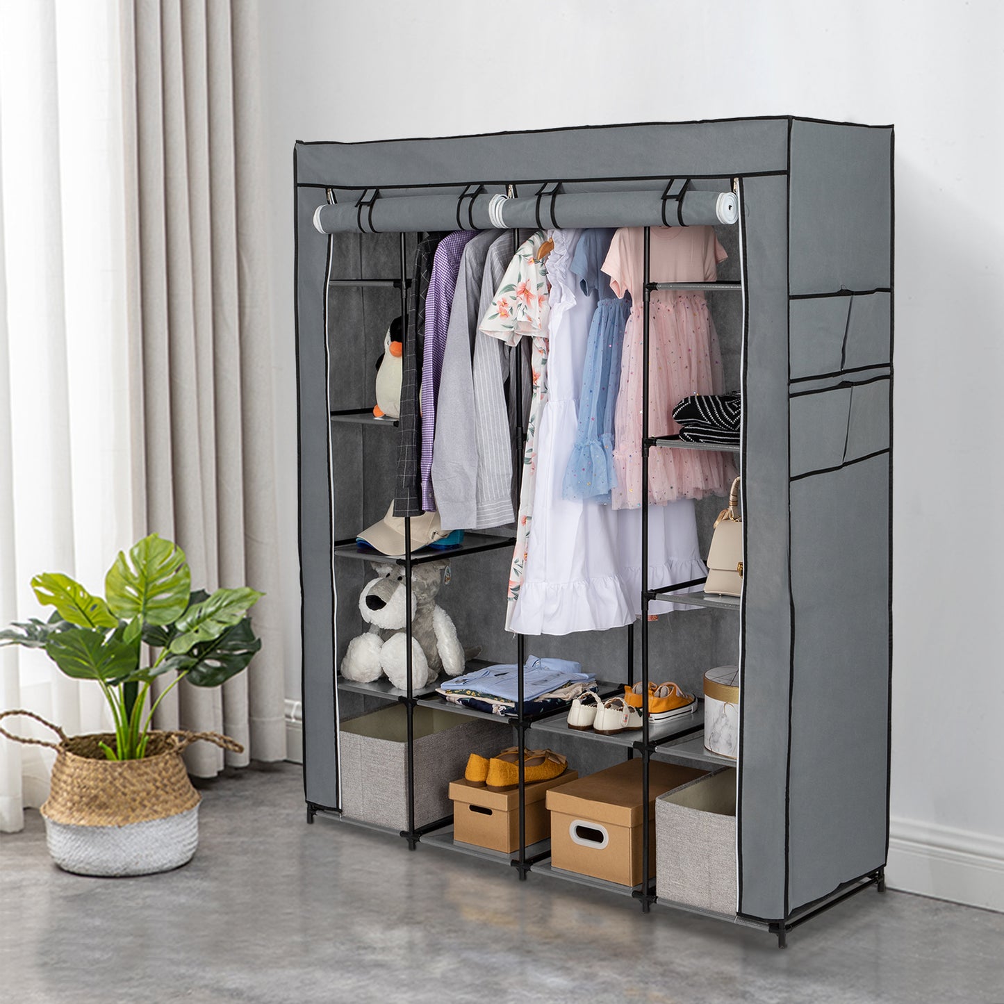 Portable Closet Organizer Storage, Wardrobe Closet with Non-Woven Fabric 14 Shelves, Easy to Assemble, Gray