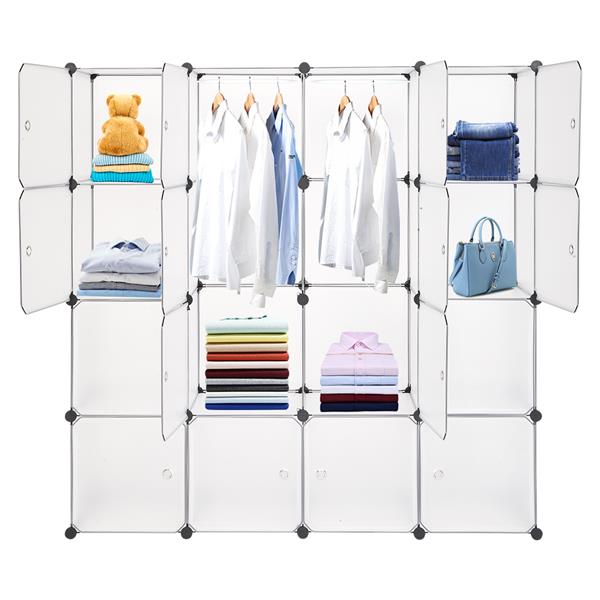 Modular Closet Organizer Plastic Cabinet, 16 Cube Wardrobe Cubby Shelving Storage Cubes Drawer Unit, DIY Modular Bookcase Closet System Cabinet with Doors for Clothes, Shoes, Toys, White