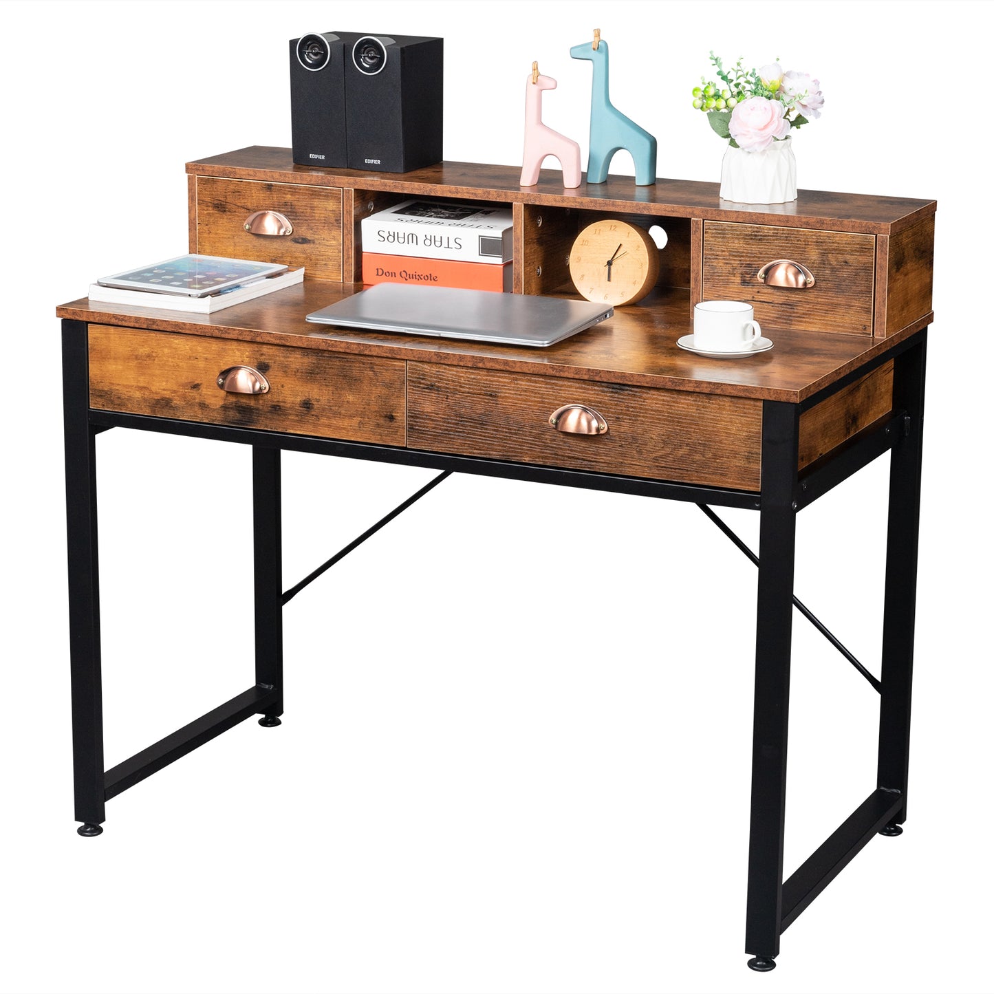 106*54*90cm Old Wood Table Top Black Steel Frame Particle Board Two Small Drawers Two Large Drawers Computer Desk Can Be Used For Study Desk