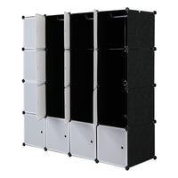 16 Cube Organizer Stackable Plastic Cube Storage Shelves Design Multifunctional Modular Closet Cabinet with Hanging Rod White Doors and Black Panels