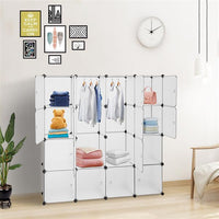 Modular Closet Organizer Plastic Cabinet, 16 Cube Wardrobe Cubby Shelving Storage Cubes Drawer Unit, DIY Modular Bookcase Closet System Cabinet with Doors for Clothes, Shoes, Toys, White