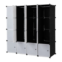 16 Cube Organizer Stackable Plastic Cube Storage Shelves Design Multifunctional Modular Closet Cabinet with Hanging Rod White Doors and Black Panels