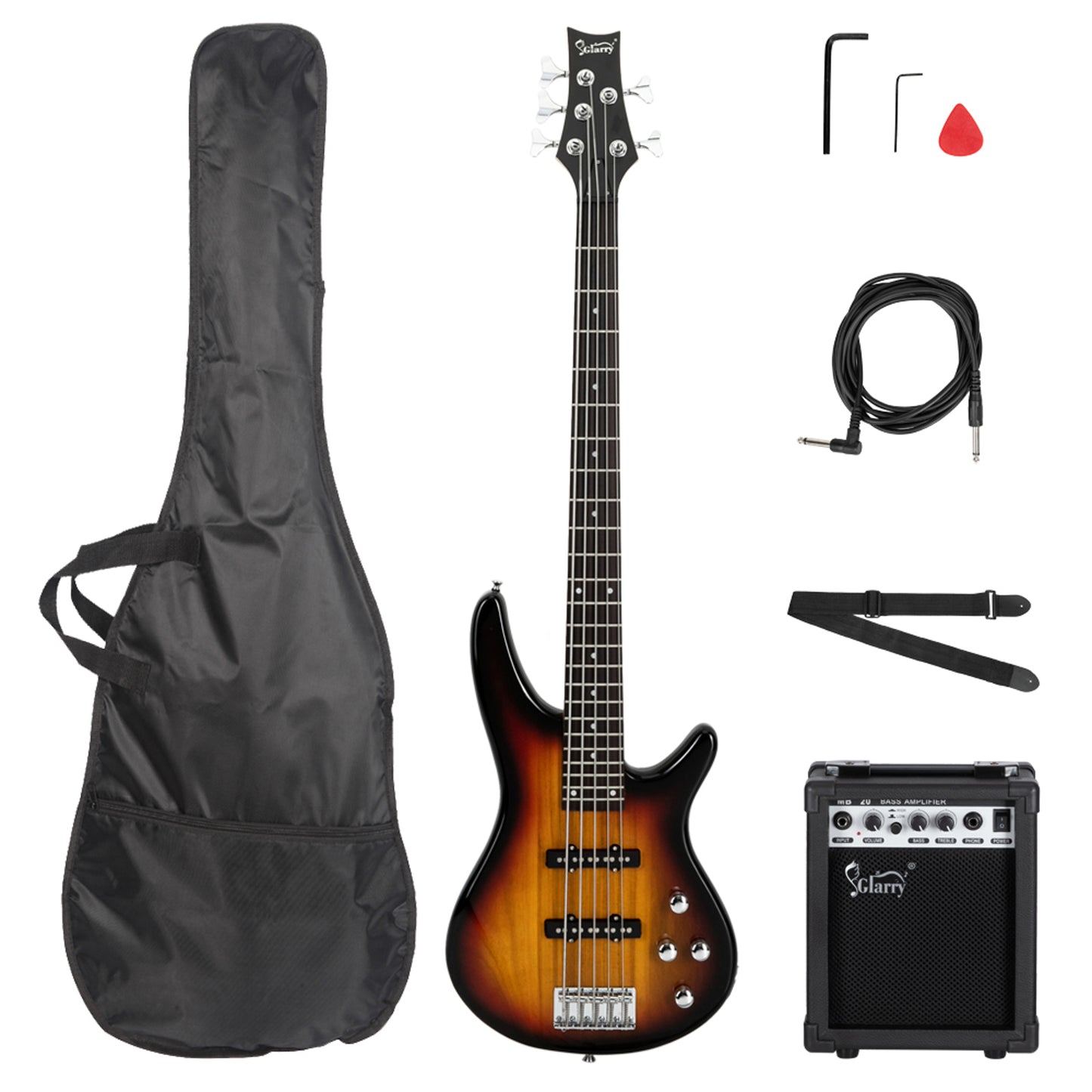 [Do Not Sell on Amazon]Glarry GIB 5 String Full Size Electric Bass Guitar SS Pickups and Amp Kit for The Experienced Player Sunset Color