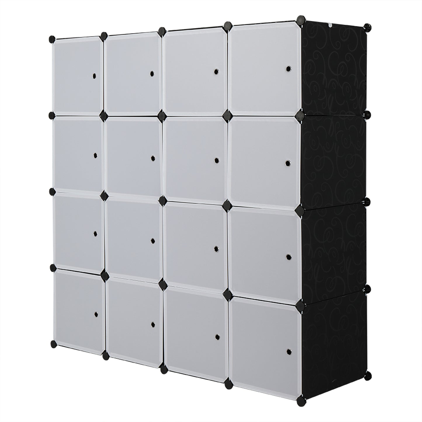 16 Cube Organizer Stackable Plastic Cube Storage Shelves Design Multifunctional Modular Closet Cabinet with Hanging Rod White Doors and Black Panels