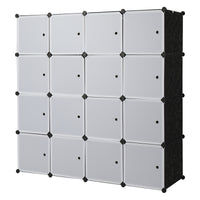 16 Cube Organizer Stackable Plastic Cube Storage Shelves Design Multifunctional Modular Closet Cabinet with Hanging Rod White Doors and Black Panels