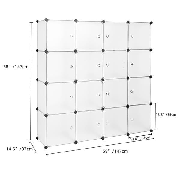 Modular Closet Organizer Plastic Cabinet, 16 Cube Wardrobe Cubby Shelving Storage Cubes Drawer Unit, DIY Modular Bookcase Closet System Cabinet with Doors for Clothes, Shoes, Toys, White