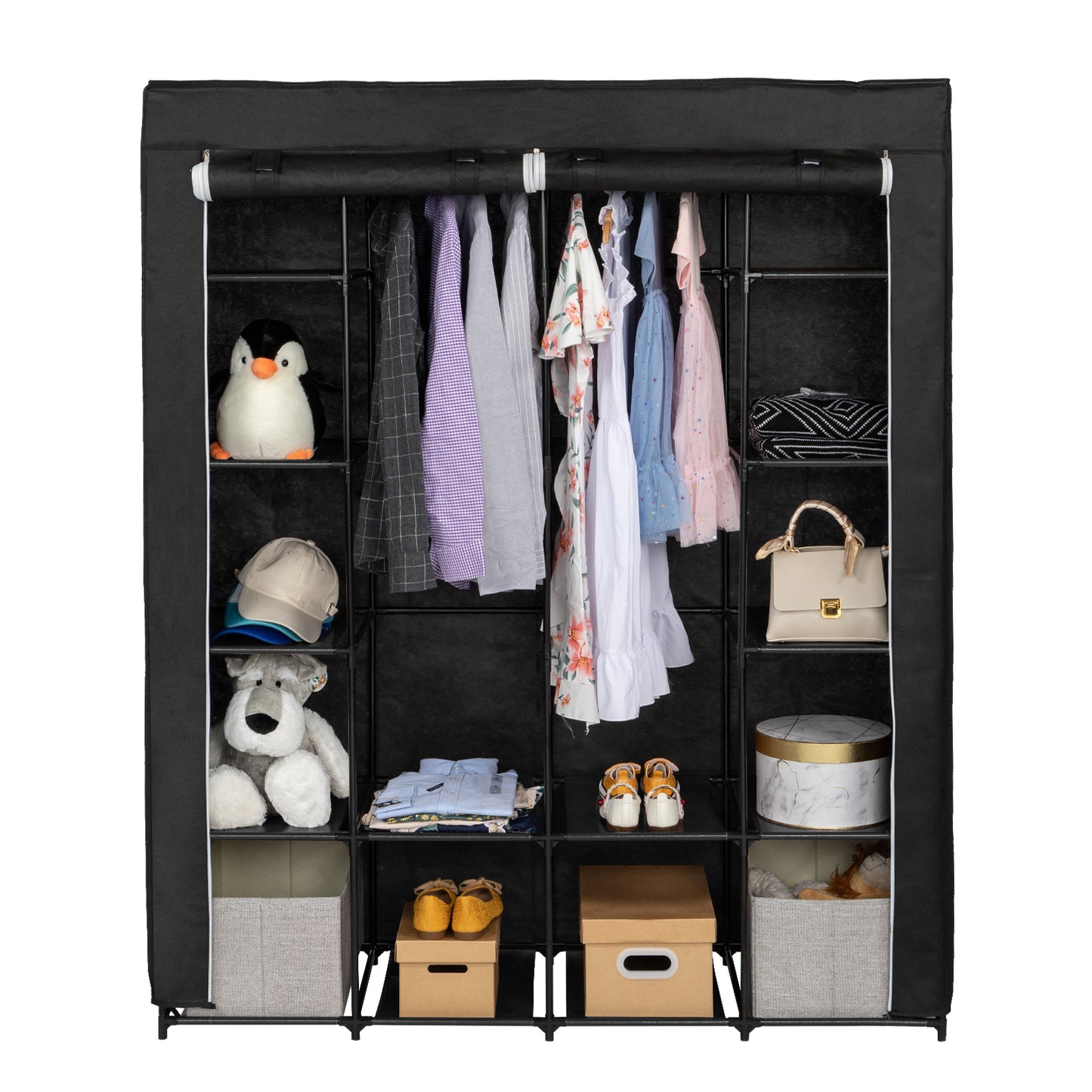 Portable Closet Organizer Storage, Wardrobe Closet with Non-Woven Fabric 14 Shelves, Easy to Assemble, Black