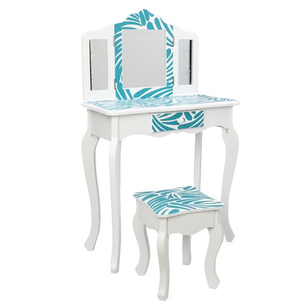 Three-Fold Mirror Single-Drawing Curved Foot Children Dressing Table Blue Zebra