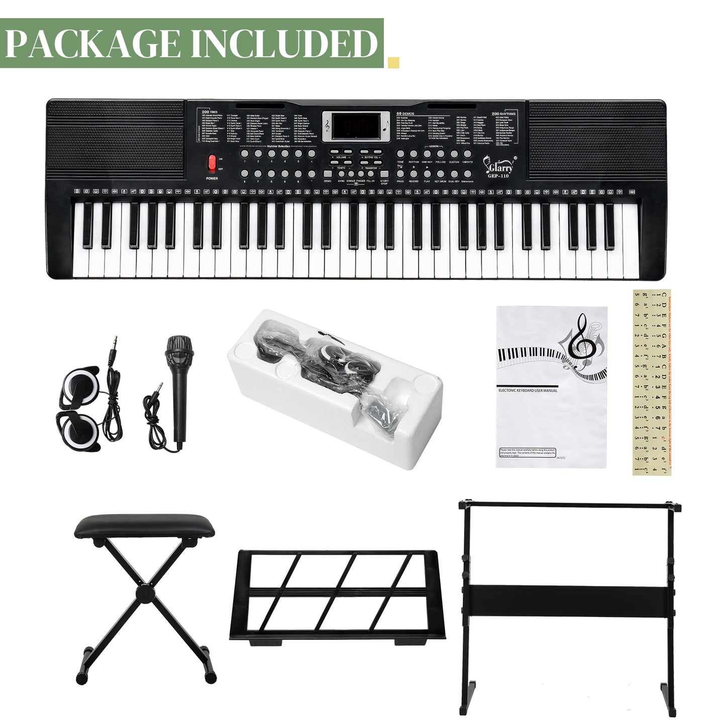 [Do Not Sell on Amazon]  Glarry GEP-110 61 Key Keyboard with Piano Stand, Piano Bench, Built In Speakers, Headphone, Microphone, Music Rest, LED Screen, 3 Teaching Modes for Beginners