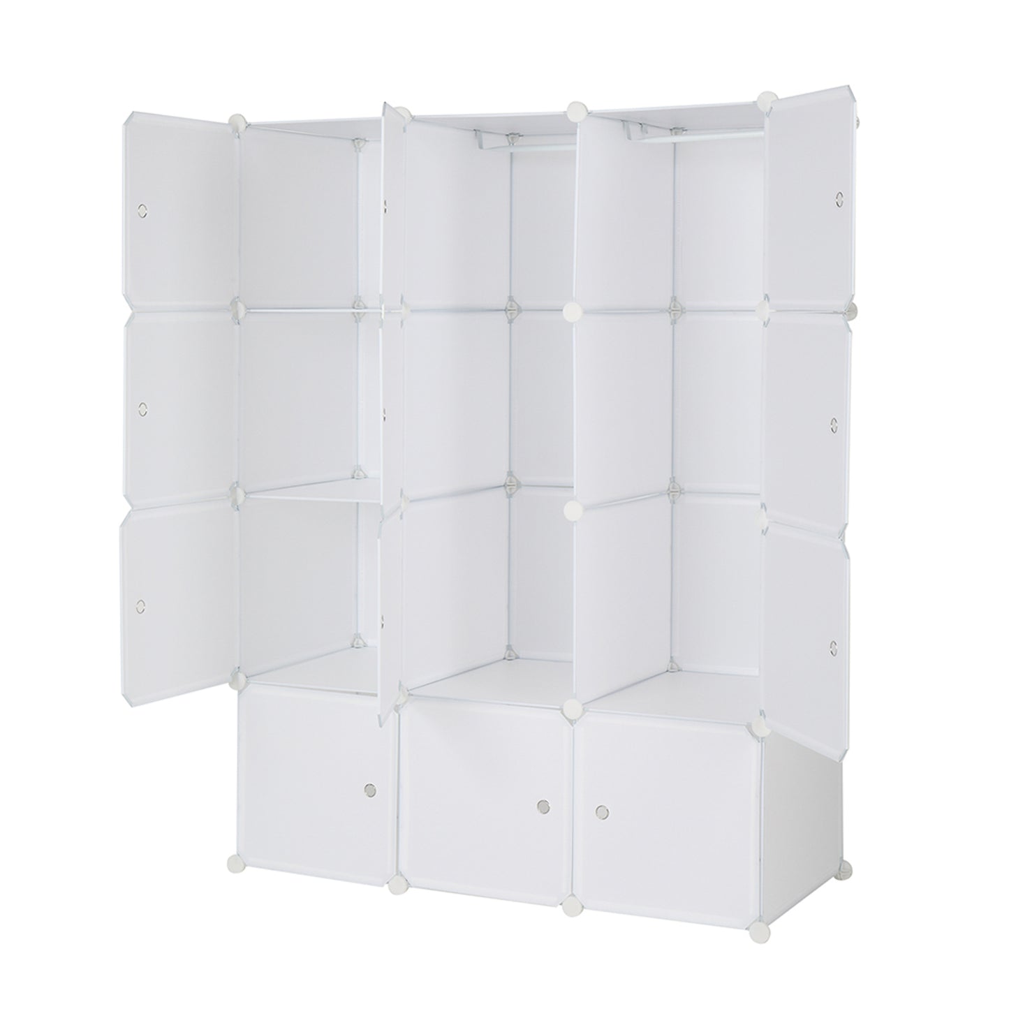 12 Cube Organizer Stackable Plastic Cube Storage Shelves Design Multifunctional Modular Closet Cabinet with Hanging Rod White