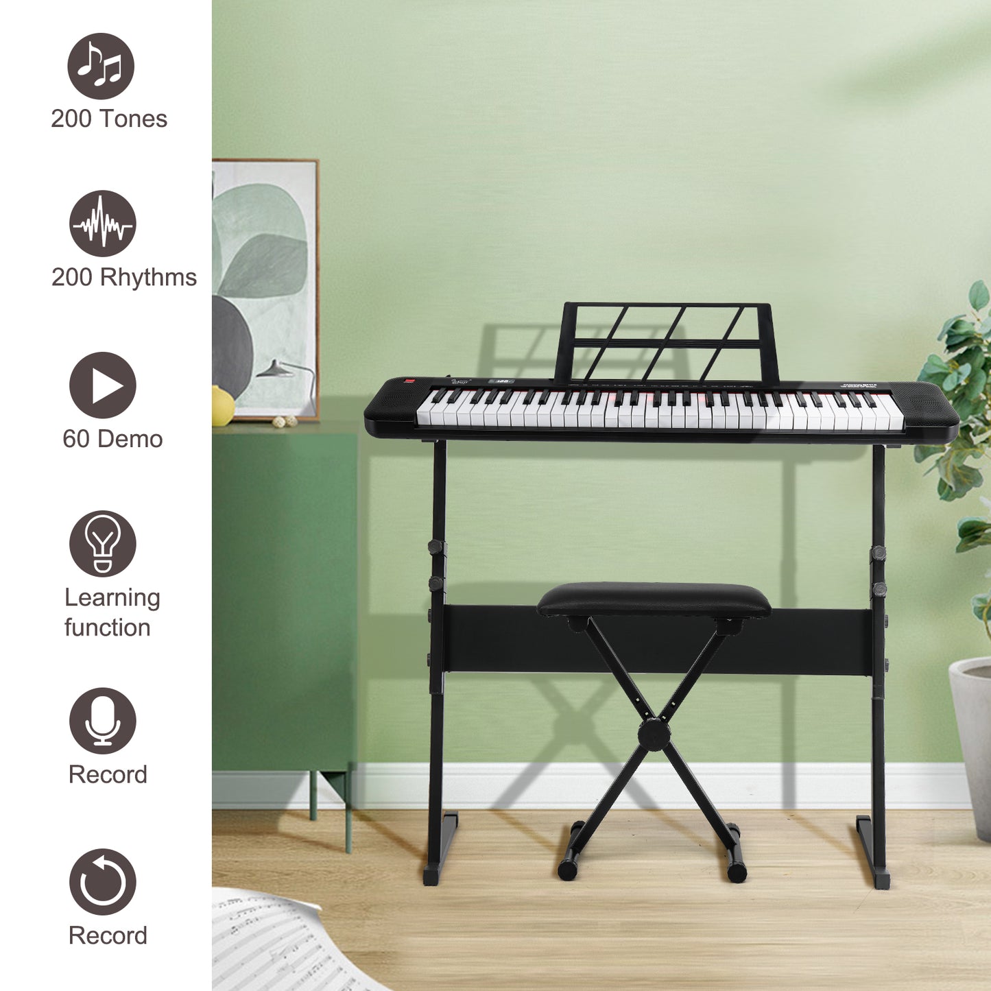 [Do Not Sell on Amazon]  Glarry GEP-109 61 Key Lighting Keyboard with Piano Stand, Piano Bench, Built In Speakers, Headphone, Microphone, Music Rest, LED Screen, 3 Teaching Modes for Beginners