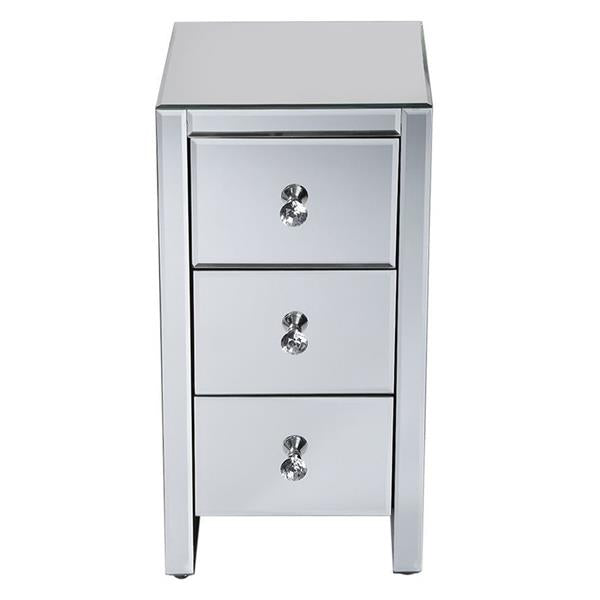 Mirrored Glass Bedside Table with Three Drawers Size S