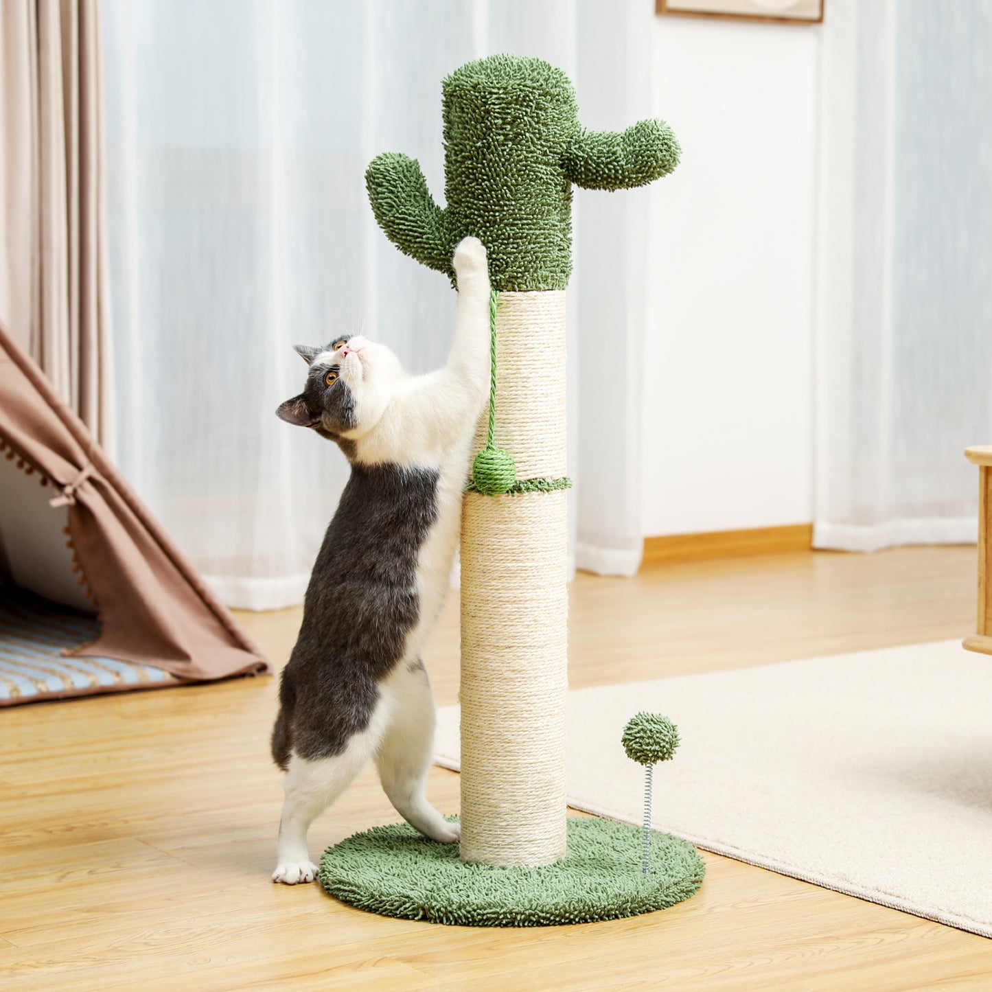 Cactus Cat Tree Cat Scratcher with Sisal Scratching Post and Interactive Dangling Ball For Indoor Cats White