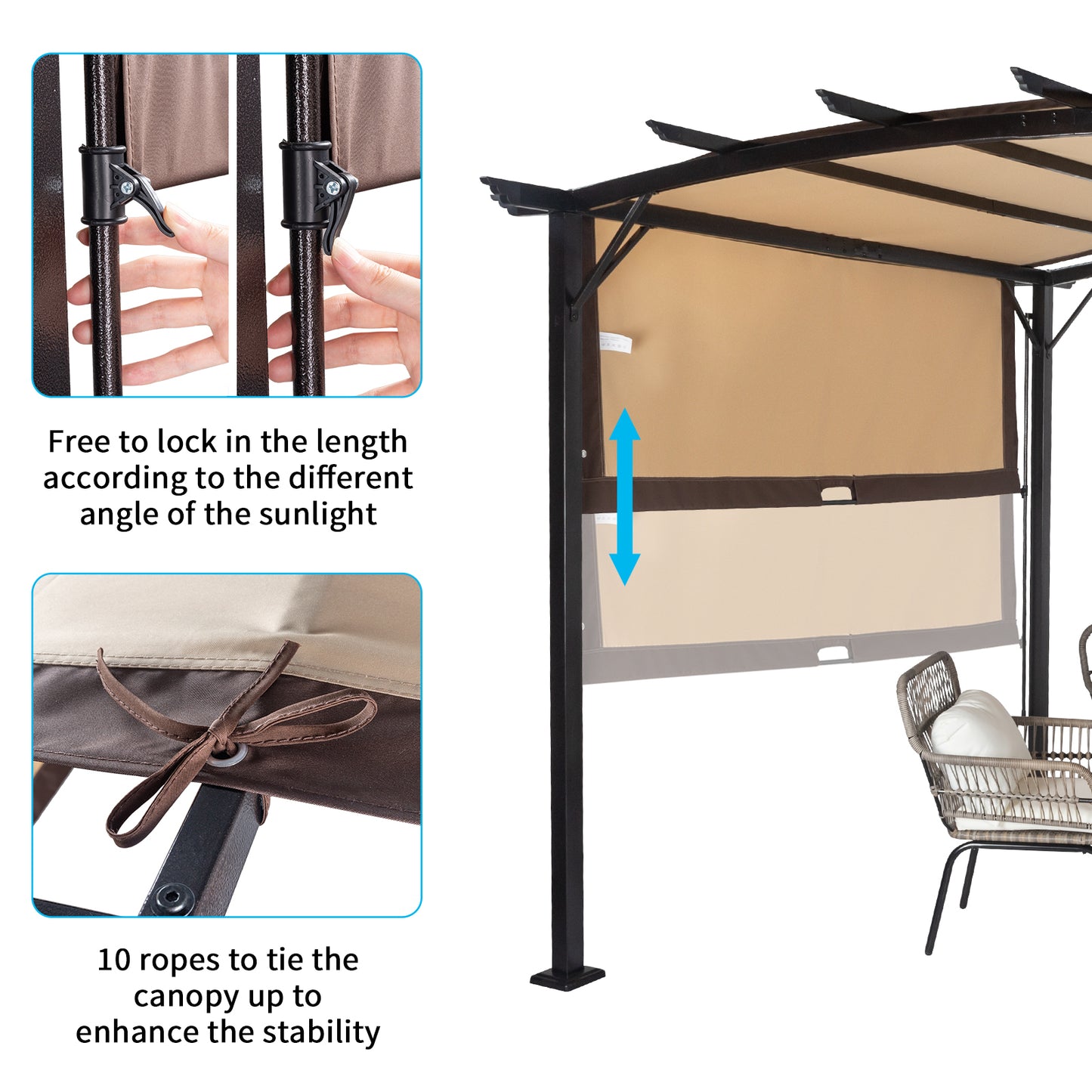 350*280*230.5cm Aluminum Dark Brown Post Brown Adjustable Shade Fabric Curved Top Folding Shed