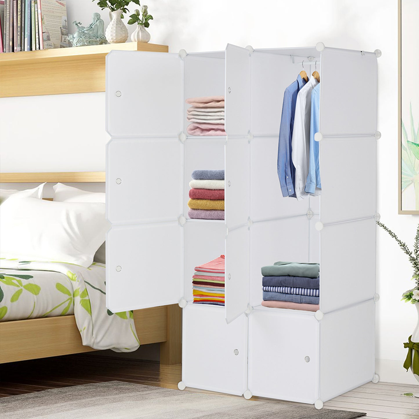 8 Cube Organizer Stackable Plastic Cube Storage Shelves Design Multifunctional Modular Closet Cabinet with Hanging Rod White