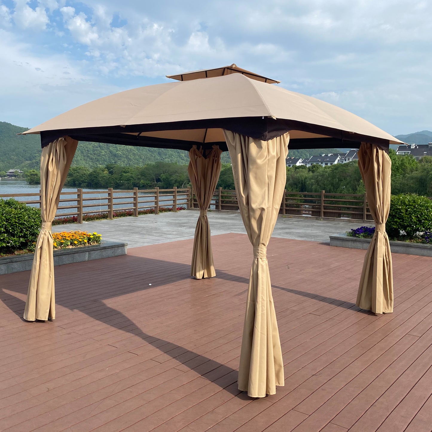 10 x 10 Ft Outdoor Patio Garden Gazebo Canopy With Curtains,Khaki Top