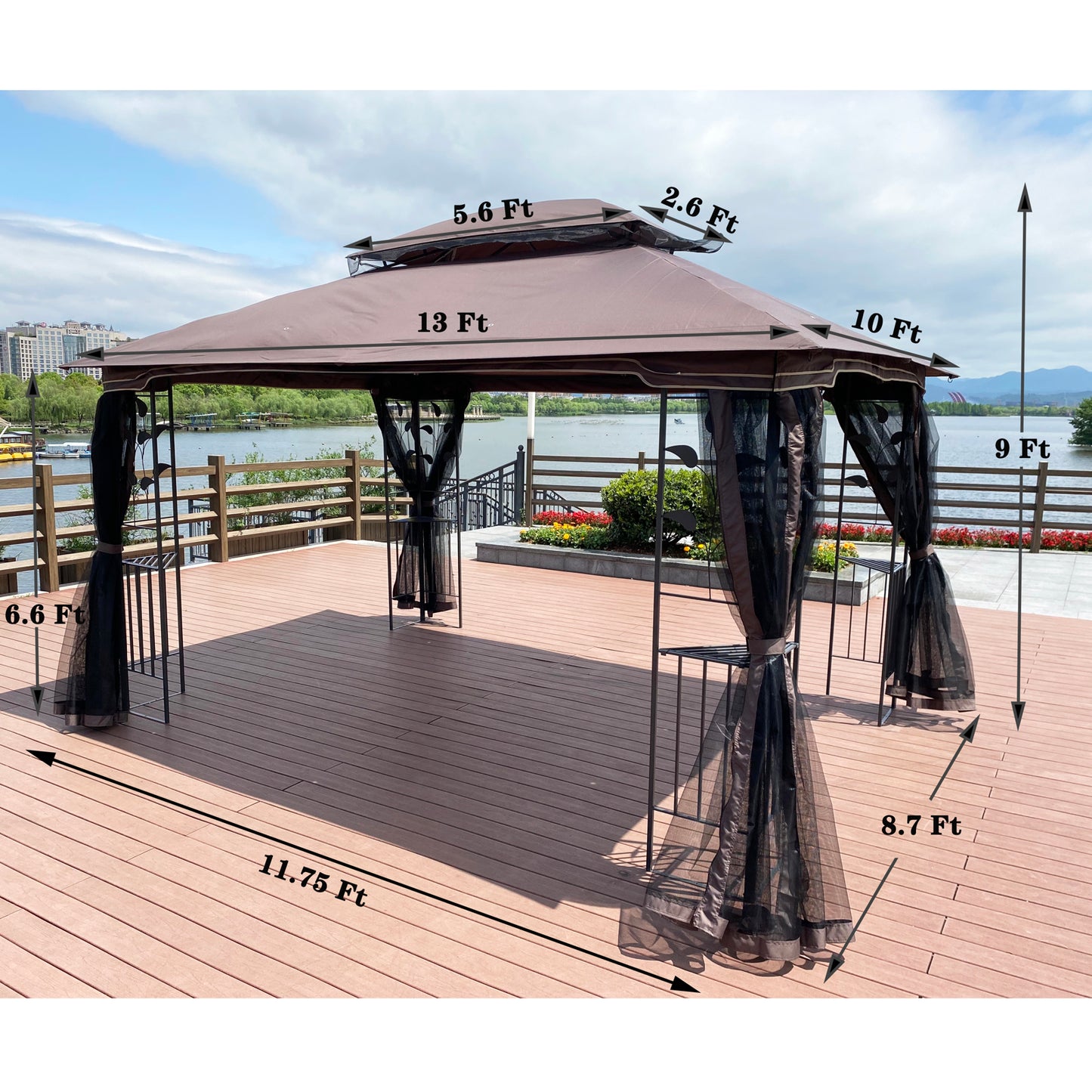 13x10 Outdoor Patio Gazebo Canopy Tent With Ventilated Double Roof And Mosquito net,Brown Top