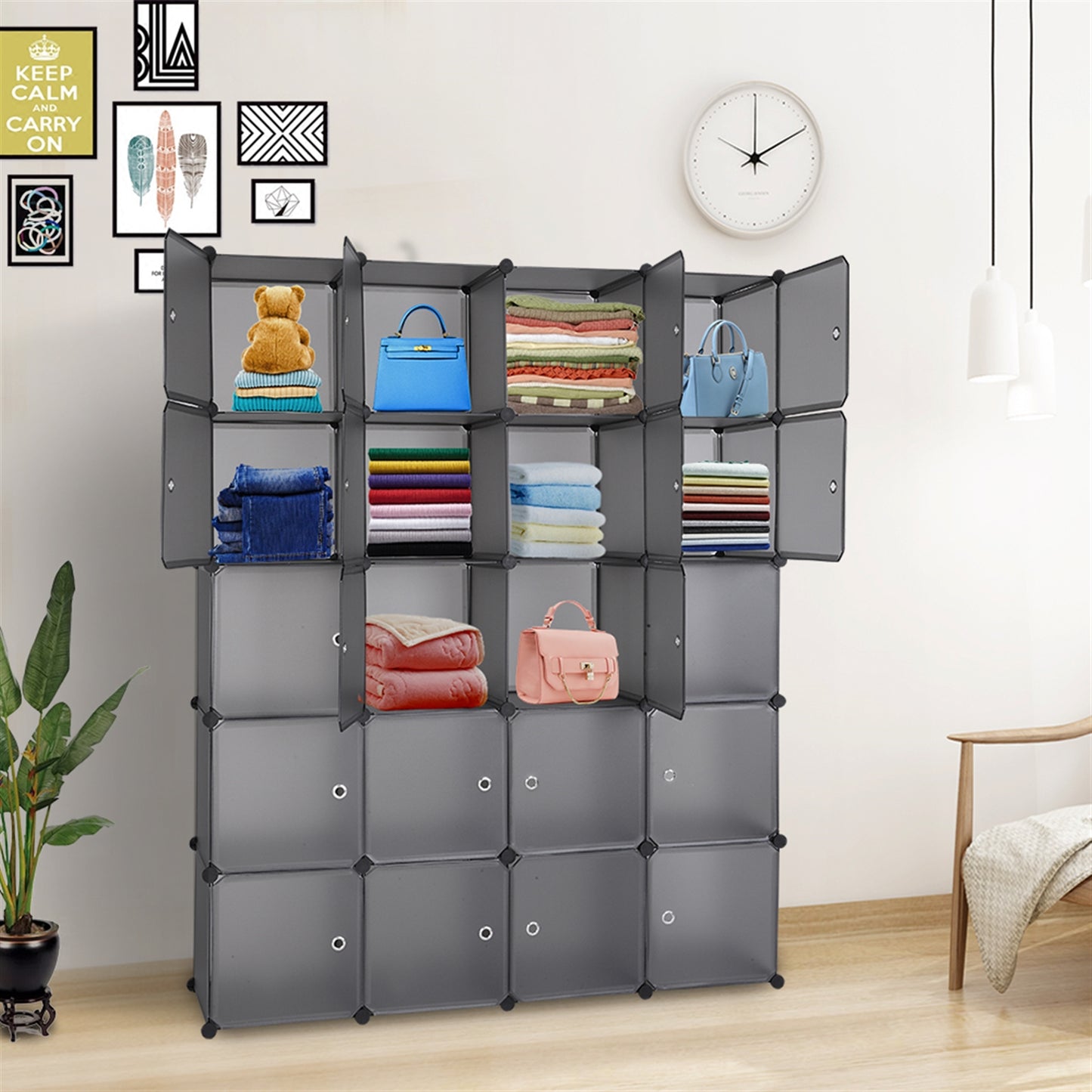 20 Cube Organizer Stackable Plastic Cube Storage Shelves Design Multifunctional Modular Closet Cabinet with Hanging Rod Gray