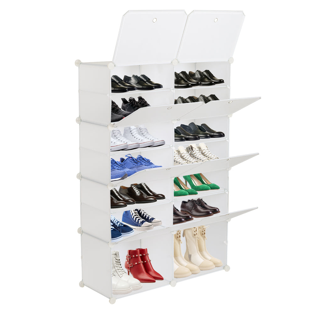 7-Tier Portable 28 Pair Shoe Rack Organizer 14 Grids Tower Shelf Storage Cabinet Stand Expandable for Heels, Boots, Slippers, White