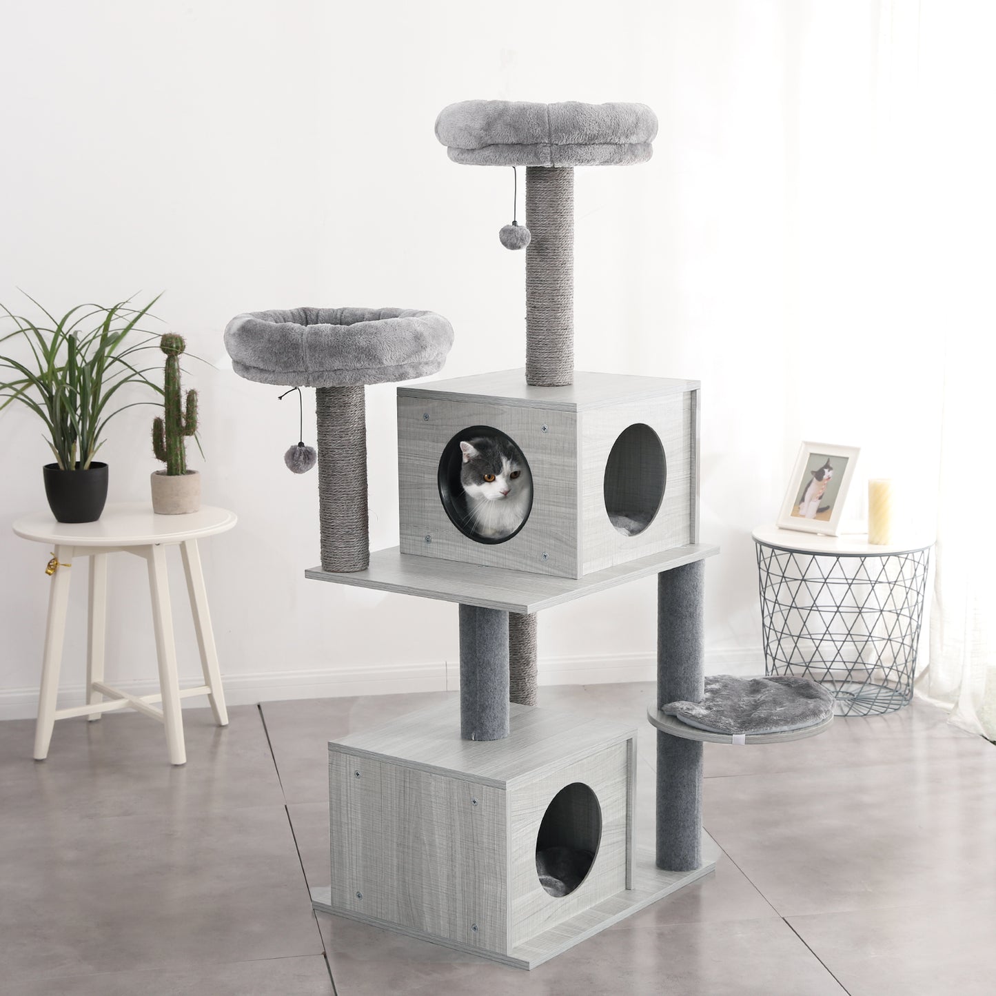 Medium Cat Tree Activity Center With Multi Platforms, Cat Play Tower Wooden Cat Tree With Sisal-covered Cat Scratching Posts Grey